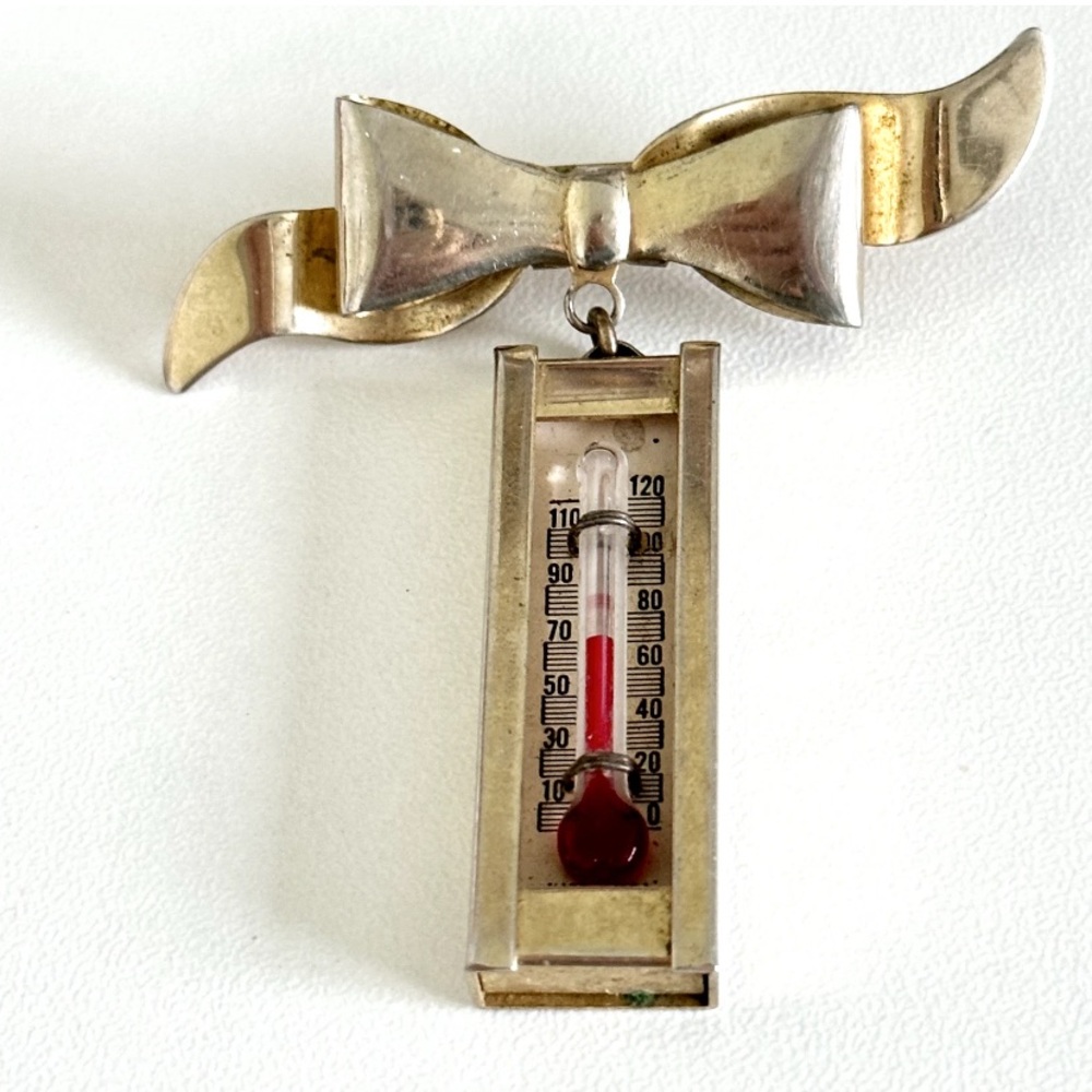 Gold and Silver Bow Thermometer Brooch